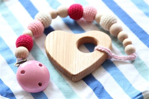 Pink natural wooden baby dummy holder / Baby pacifier clip / | Etsy