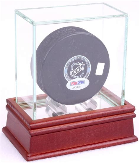 Single Hockey Puck Display Case with Mirrored Cherry Wood Base & Glass Top (New)