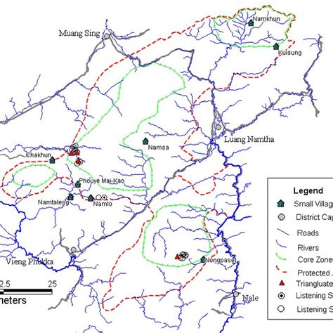 Gibbon listening stations and triangulated locations of gibbon groups... | Download Scientific ...