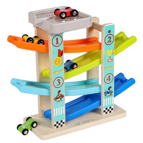 Buy Toys of Wood Oxford TOWO Wooden Car Ramp Toy- Zig Zag Car Slide with 4 Wooden Cars & Roof ...