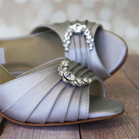 Silver Wedding Shoes / Gray Bridal Heels / Silver Satin / Low