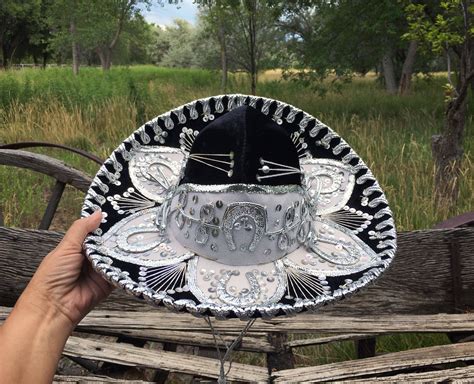 Vintage Child's Sombrero Authentic Mexican Mariachi Hat Black Velvet White Thread Silver Sequins