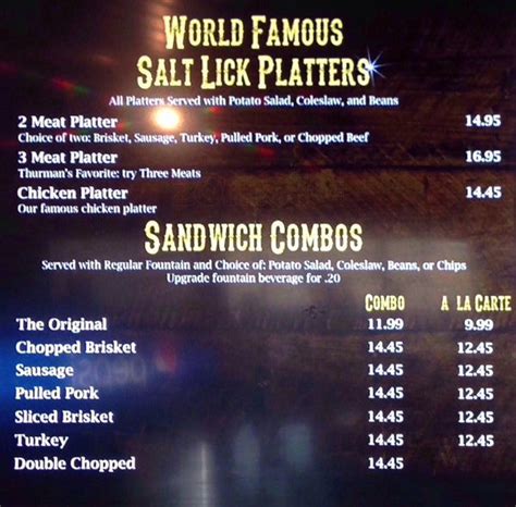 The Salt Lick Bar-B-Que Menu, Menu for The Salt Lick Bar-B-Que, Airport ...