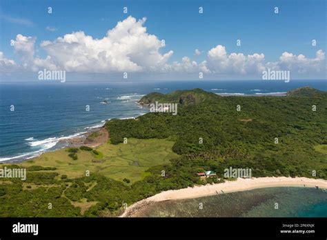 Aerial drone of coast of the island with beaches and rainforest. Cape ...