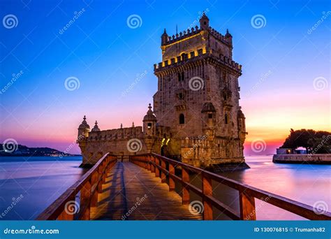 Belem Tower at Colorful Sunset Stock Image - Image of european ...