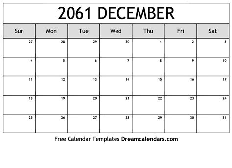 December 2061 Calendar - Free Printable with Holidays and Observances