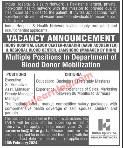 Indus Hospital Blood Center Karachi / Jamshoro Jobs 2024 for Managers ...