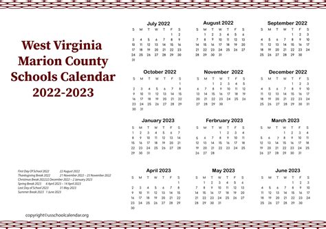 West Virginia Marion County Schools Calendar 2022-2023