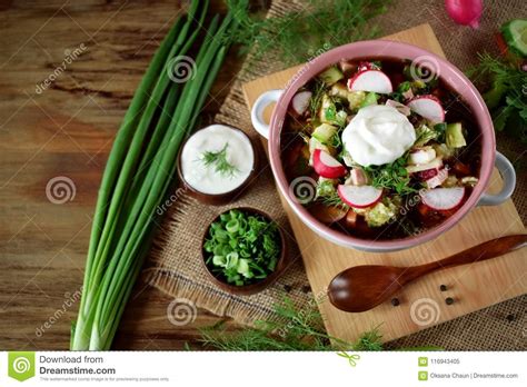 Okroshka with Kvass Topped with Sour Cream in a Tureen. Stock Image ...