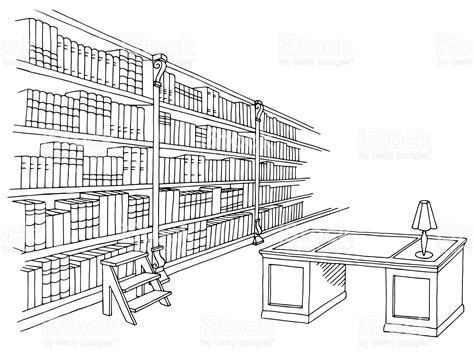 Library room interior black white graphic sketch illustration vector | Illustration vectorielle ...