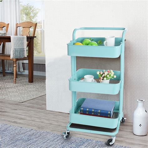 3-Tier Metal Cart Rolling Storage Shelves With Handles Blue Storage ...