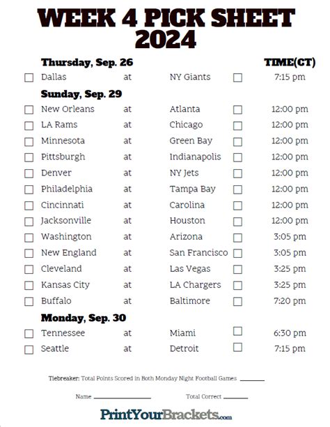 Central Time Week 4 NFL Schedule 2024 - Printable