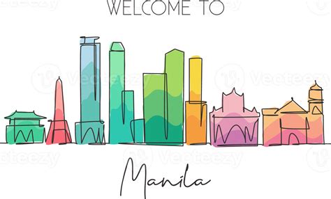 One single line drawing of Manila city skyline, Philippines. Historical town landscape in the ...