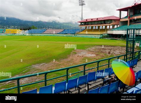 colorful umbrella on the seats of Dharamshala himachal cricket stadium ...