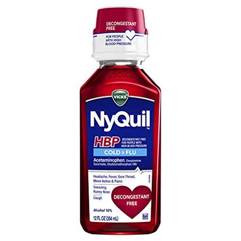 Vicks NyQuil, Cough, Cold & Flu Relief for High Blood Pressure, Sore Throat, Fever, and Cough ...