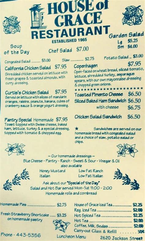 Menu at House of Grace Restaurant, Paducah