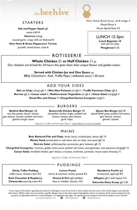 The Beehive Egham's full menu online