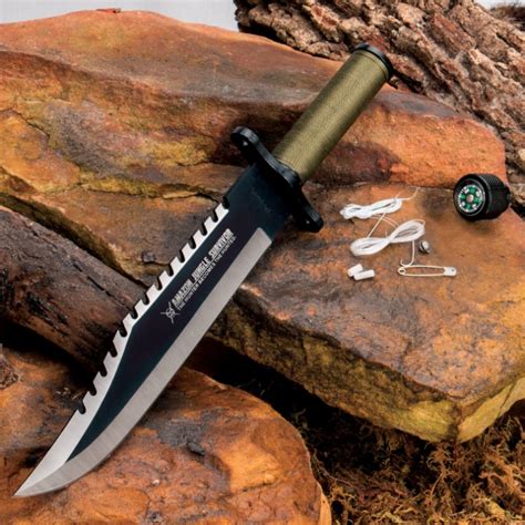 Amazon Jungle Survival Bowie Fixed Blade Knife With Leather Sheath - Survival Kit In Cord ...