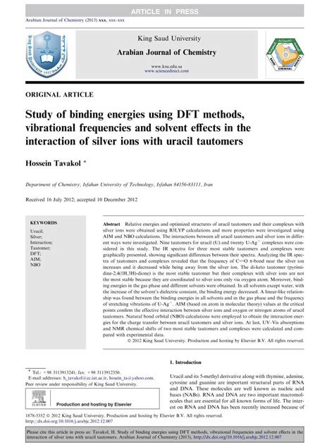 (PDF) Study of binding energies using DFT methods, vibrational frequencies and solvent effects ...