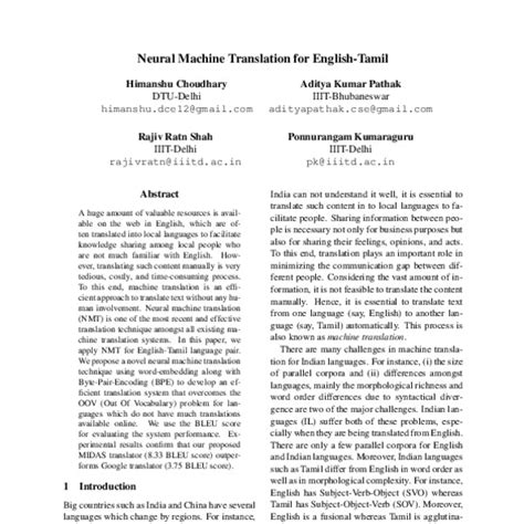 Neural Machine Translation for English-Tamil - ACL Anthology