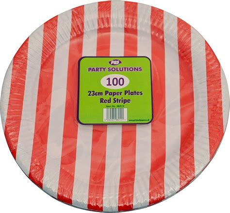 100 x RED Striped Round Paper Plates - 23cm/9" inch Quality Durable Plates Ideal for hot and ...