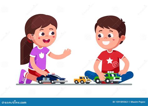 Smiling Girl and Boy Kids Playing with Toy Cars. Stock Vector ...