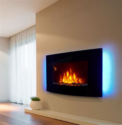 Wall Mounted Electric Fireplace Glass Heater Fire Remote Control LED Backlit New | eBay