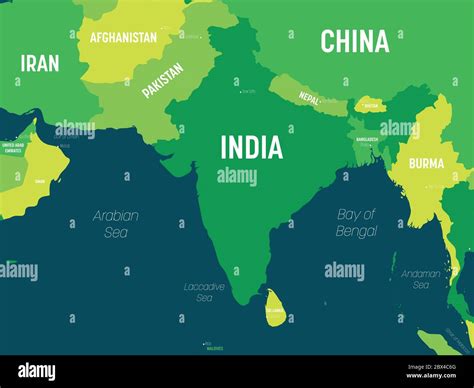 South Asia map - green hue colored on dark background. High detailed political map of southern ...