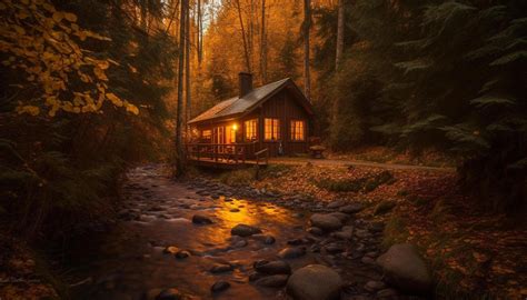 Tranquil scene of autumn forest with rustic cottage and hiking footpath ...