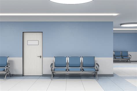 Modern Waiting Room In Blue Medical Office Interior Stock Photo ...