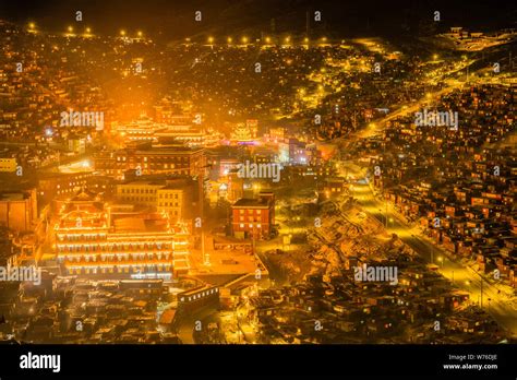 Aerial view of the campus of Serthar Institute, known as Larung Gar Buddhist Academy or Larung ...