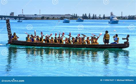 A Maori Waka, a Large Ceremonial Canoe, in the Harbour Editorial ...