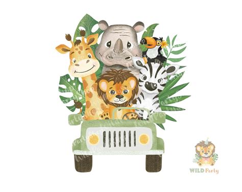 Safari jungle baby animals in the jeep car PNG transfer - Etsy México