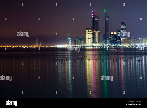 Abi Dhabi Skyline At Night; Abu Dhabi, United Arab Emirates Stock Photo ...