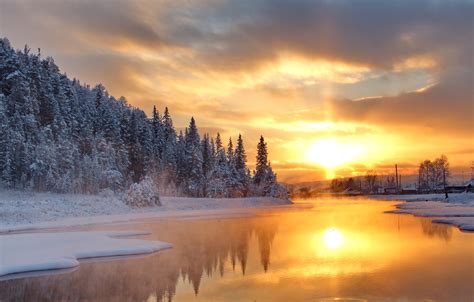 Wallpaper winter, forest, lake, sunrise, dawn, forest, Winter, lake, sunrise images for desktop ...