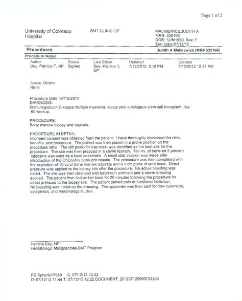 jm's Adventure with Multiple Myeloma: 2nd ASCT - Bone Marrow Biopsy Results from July 12 2012