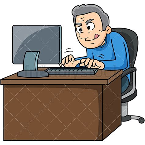 Old Man Typing Fast On Computer Cartoon Vector Clipart - FriendlyStock