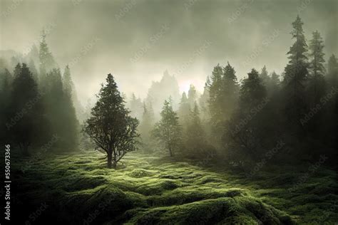 trees and roots in a dark green forest Stock Illustration | Adobe Stock