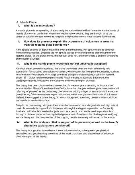 Mantle Plume - A. Mantle Plume i. What is a mantle plume? A mantle plume is an upwelling of ...