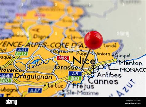 Grasse map. Close up of Grasse map with red pin. Map with red pin point ...