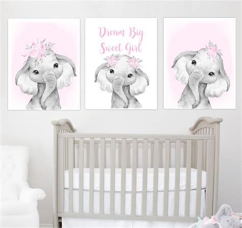 Pink Baby Girl Nursery Art Elephant With Balloons Watercolor Flowers ...