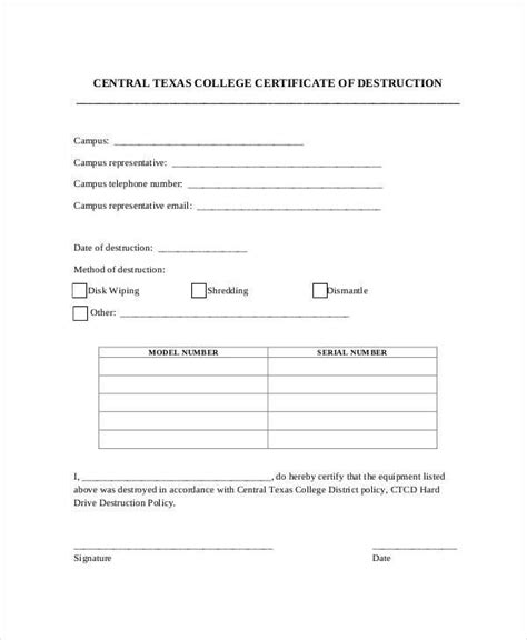 Free Certificate Of Destruction Template (9 Pertaining To With Certificate Of Disposal Template ...