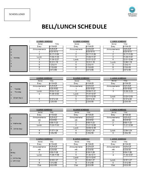 Standardized Lunch Schedule | Templates at allbusinesstemplates.com