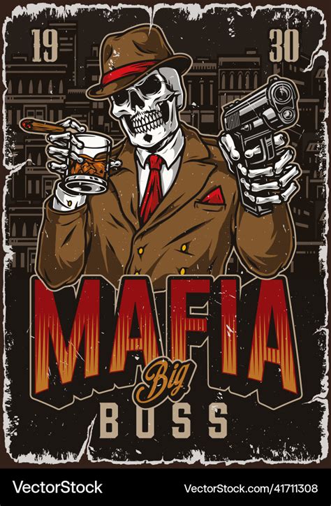 Mafia vintage poster with skeleton boss Royalty Free Vector