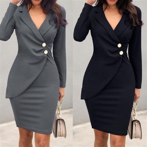 Office Dress , Women Elegant , Turn Down Neck ,Long Sleeve Buttons , Bodycon Work, Formal Dress, #NP