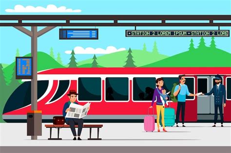 Free Vector | Train station and passengers train or subway car has arrived people are boarding ...