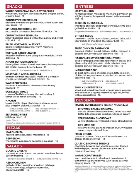 Raleigh Improv Food and Drink Menus