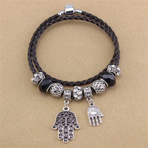 Hamsa Hand of Charm Bracelet For Women Vintage black Crystal Multilayer leather Beads Bracelets ...