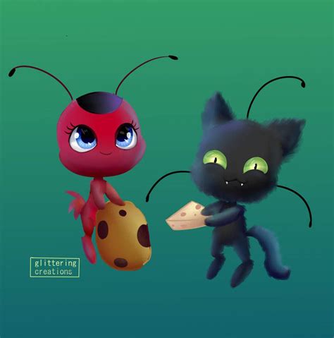 Tikki and Plagg with chocolate chip cookie and camembert cheese from Miraculous Ladybug and Cat ...