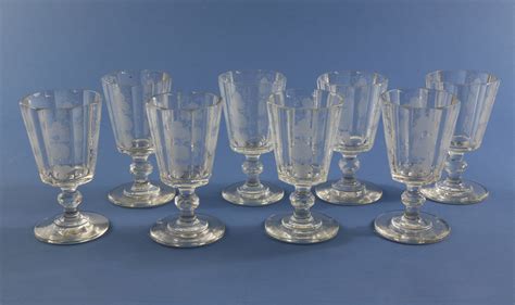 Set of Eight Crystal Engraved Wine Glasses - Set of Eight Grape and ...